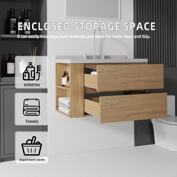 English Elm 30 Inch Floating Bathroom Vanity with Undermount Sink Soft Close Drawer Plywood Oak Granite White B2775S00322
