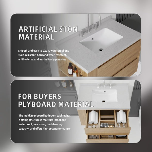 English Elm 30 Inch Floating Bathroom Vanity with Undermount Sink Soft Close Drawer Plywood Oak Granite White B2775S00322