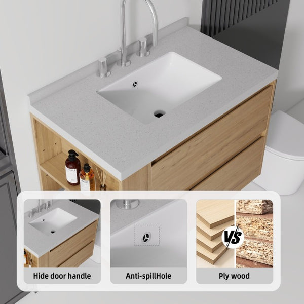 English Elm 30 Inch Floating Bathroom Vanity with Undermount Sink Soft Close Drawer Plywood Oak Granite White B2775S00322