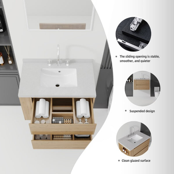 English Elm 30 Inch Floating Bathroom Vanity with Undermount Sink Soft Close Drawer Plywood Oak Granite White B2775S00322