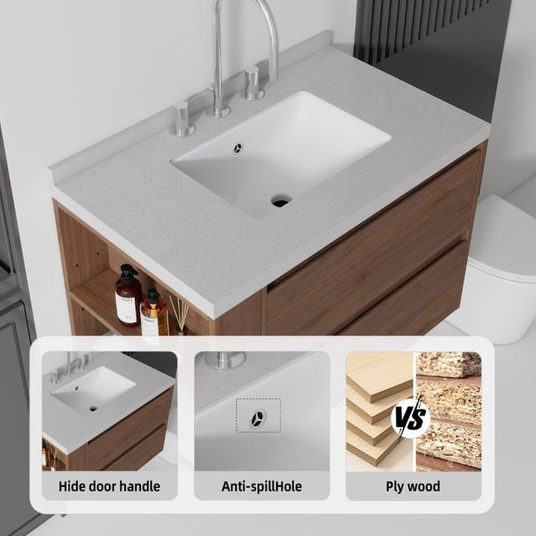 English Elm 30 Inch Floating Bathroom Vanity with Undermount Sink Soft Close Drawer Plywood Brown Granite White B2775S00323