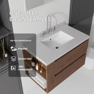 English Elm 30 Inch Floating Bathroom Vanity with Undermount Sink Soft Close Drawer Plywood Brown Granite White B2775S00323