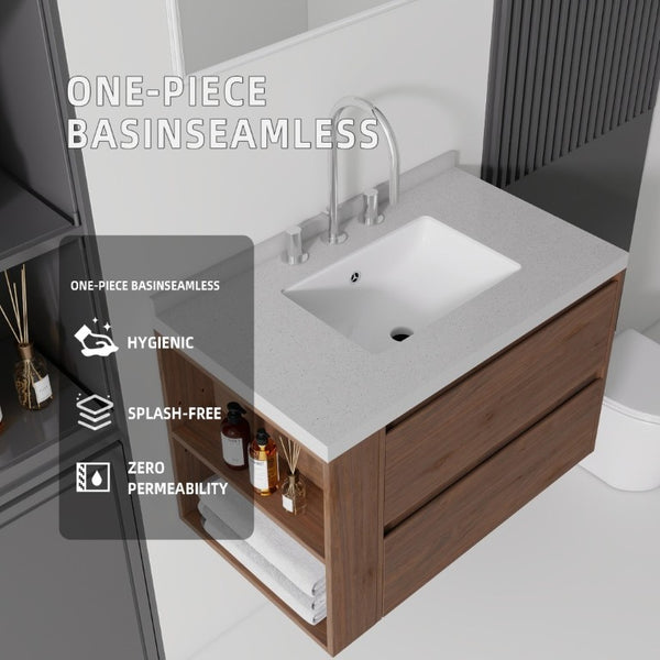 English Elm 30 Inch Floating Bathroom Vanity with Undermount Sink Soft Close Drawer Plywood Brown Granite White B2775S00323