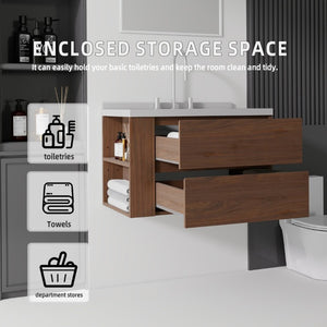 English Elm 30 Inch Floating Bathroom Vanity with Undermount Sink Soft Close Drawer Plywood Brown Granite White B2775S00323