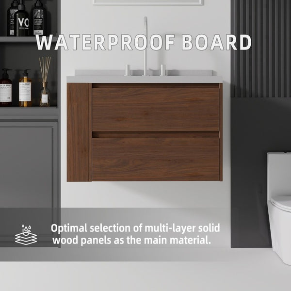 English Elm 30 Inch Floating Bathroom Vanity with Undermount Sink Soft Close Drawer Plywood Brown Granite White B2775S00323
