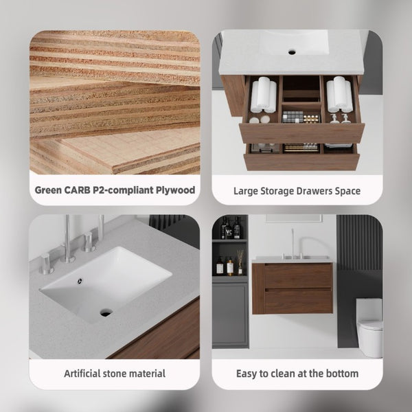 English Elm 30 Inch Floating Bathroom Vanity with Undermount Sink Soft Close Drawer Plywood Brown Granite White B2775S00323