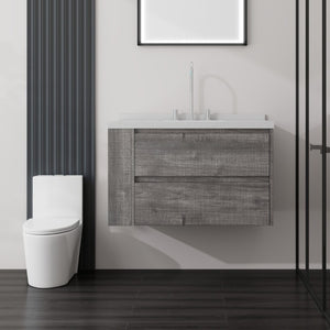 English Elm 36 Inch Floating Bathroom Vanity with Undermount Sink Soft Close Drawer Marble Top Grey Carrara White B2775S00326