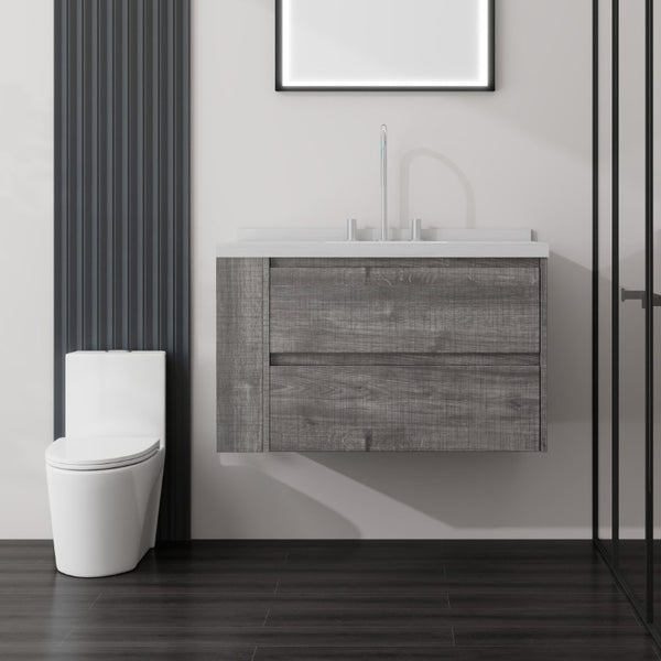 English Elm 36 Inch Floating Bathroom Vanity with Undermount Sink Soft Close Drawer Marble Top Grey Carrara White B2775S00326