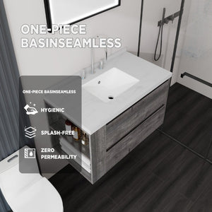 English Elm 36 Inch Floating Bathroom Vanity with Undermount Sink Soft Close Drawer Marble Top Grey Carrara White B2775S00326