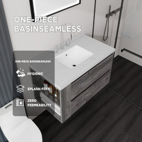 English Elm 36 Inch Floating Bathroom Vanity with Undermount Sink Soft Close Drawer Marble Top Grey Carrara White B2775S00326