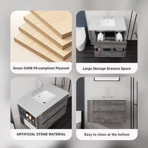 English Elm 36 Inch Floating Bathroom Vanity with Undermount Sink Soft Close Drawer Marble Top Grey Carrara White B2775S00326