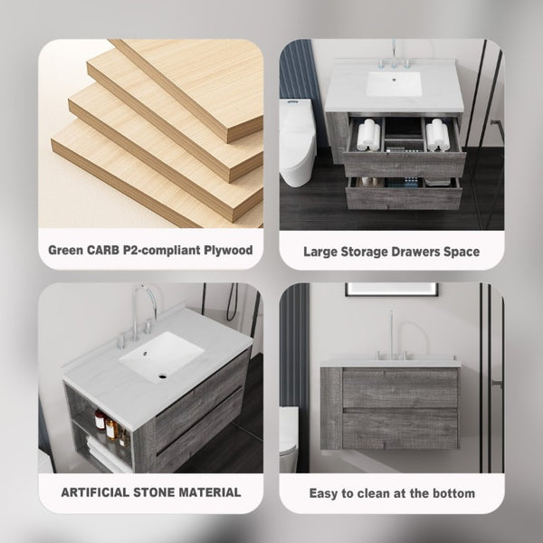 English Elm 36 Inch Floating Bathroom Vanity with Undermount Sink Soft Close Drawer Marble Top Grey Carrara White B2775S00326