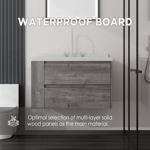 English Elm 36 Inch Floating Bathroom Vanity with Undermount Sink Soft Close Drawer Marble Top Grey Carrara White B2775S00326