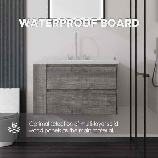 English Elm 36 Inch Floating Bathroom Vanity with Undermount Sink Soft Close Drawer Marble Top Grey Carrara White B2775S00326