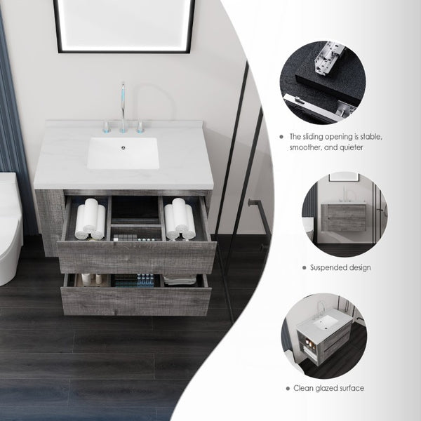 English Elm 36 Inch Floating Bathroom Vanity with Undermount Sink Soft Close Drawer Marble Top Grey Carrara White B2775S00326