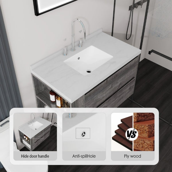 English Elm 36 Inch Floating Bathroom Vanity with Undermount Sink Soft Close Drawer Marble Top Grey Carrara White B2775S00326