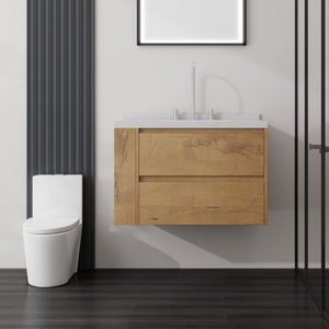 English Elm 36 Inch Floating Bathroom Vanity with Undermount Sink Soft Close Drawer Marble Top Oak Carrara White B2775S00327