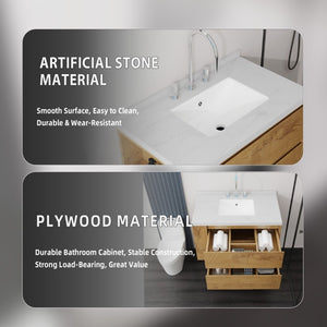 English Elm 36 Inch Floating Bathroom Vanity with Undermount Sink Soft Close Drawer Marble Top Oak Carrara White B2775S00327