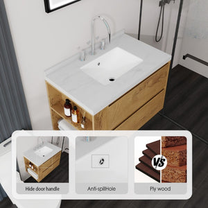 English Elm 36 Inch Floating Bathroom Vanity with Undermount Sink Soft Close Drawer Marble Top Oak Carrara White B2775S00327