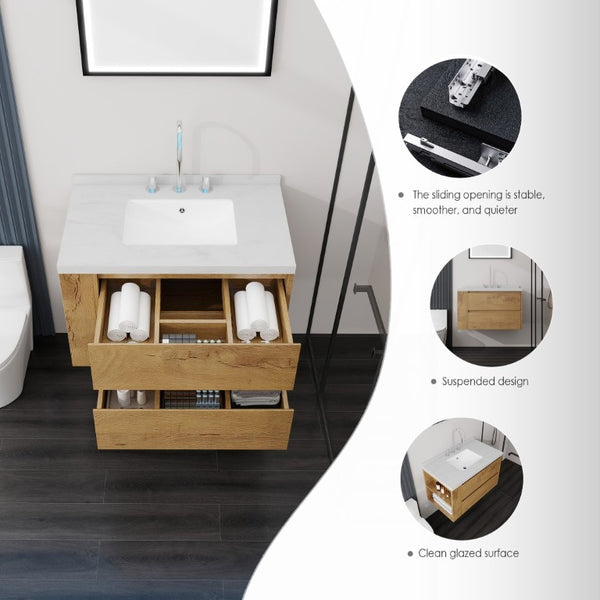 English Elm 36 Inch Floating Bathroom Vanity with Undermount Sink Soft Close Drawer Marble Top Oak Carrara White B2775S00327