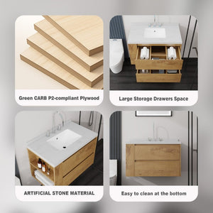 English Elm 36 Inch Floating Bathroom Vanity with Undermount Sink Soft Close Drawer Marble Top Oak Carrara White B2775S00327