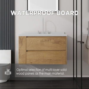 English Elm 36 Inch Floating Bathroom Vanity with Undermount Sink Soft Close Drawer Marble Top Oak Carrara White B2775S00327