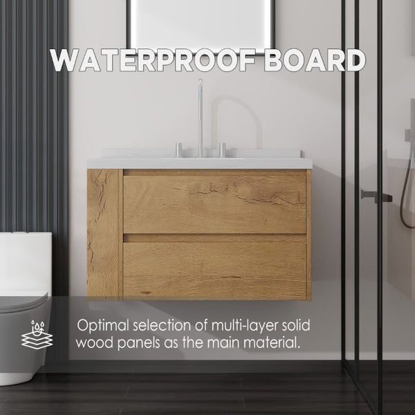 English Elm 36 Inch Floating Bathroom Vanity with Undermount Sink Soft Close Drawer Marble Top Oak Carrara White B2775S00327