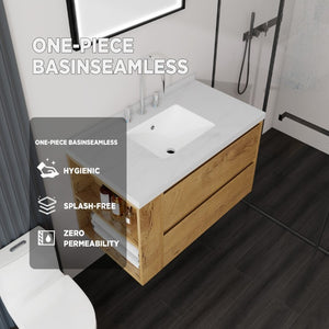 English Elm 36 Inch Floating Bathroom Vanity with Undermount Sink Soft Close Drawer Marble Top Oak Carrara White B2775S00327