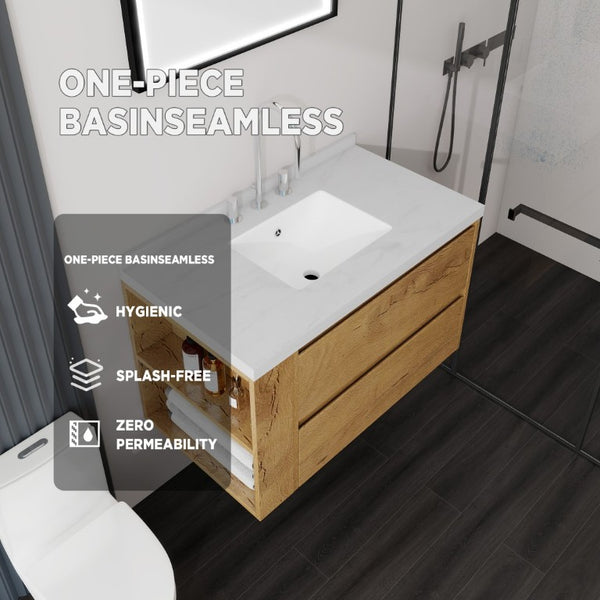 English Elm 36 Inch Floating Bathroom Vanity with Undermount Sink Soft Close Drawer Marble Top Oak Carrara White B2775S00327