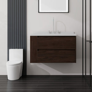 English Elm 36 Inch Floating Bathroom Vanity with Undermount Sink Soft Close Drawer Marble Top Brown Carrara White B2775S00328