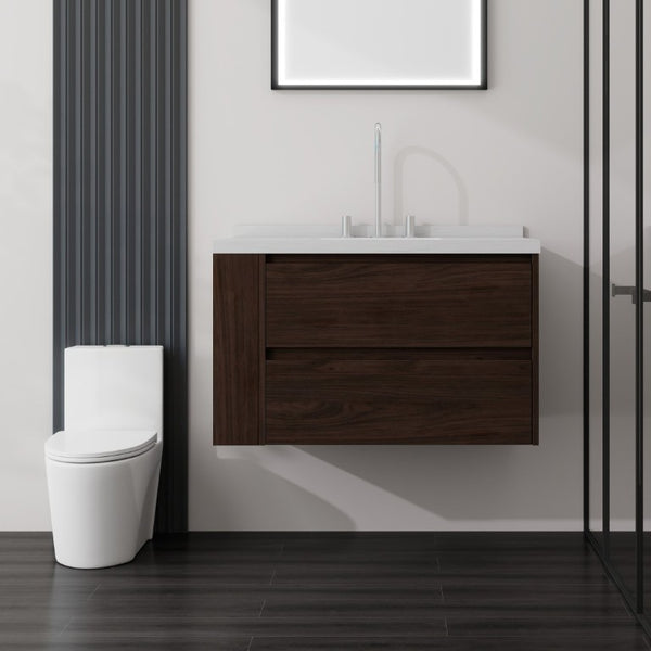 English Elm 36 Inch Floating Bathroom Vanity with Undermount Sink Soft Close Drawer Marble Top Brown Carrara White B2775S00328