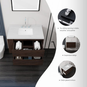 English Elm 36 Inch Floating Bathroom Vanity with Undermount Sink Soft Close Drawer Marble Top Brown Carrara White B2775S00328