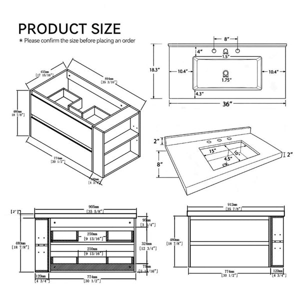 English Elm 36 Inch Floating Bathroom Vanity with Undermount Sink Soft Close Drawer Marble Top Brown Carrara White B2775S00328