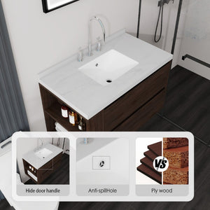 English Elm 36 Inch Floating Bathroom Vanity with Undermount Sink Soft Close Drawer Marble Top Brown Carrara White B2775S00328