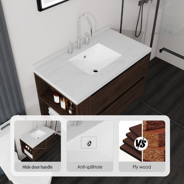 English Elm 36 Inch Floating Bathroom Vanity with Undermount Sink Soft Close Drawer Marble Top Brown Carrara White B2775S00328