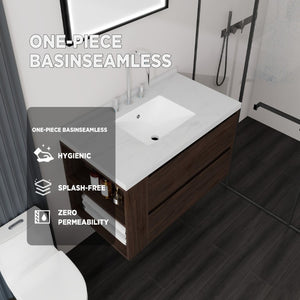 English Elm 36 Inch Floating Bathroom Vanity with Undermount Sink Soft Close Drawer Marble Top Brown Carrara White B2775S00328