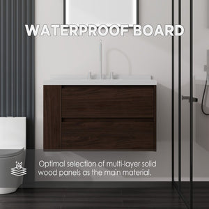 English Elm 36 Inch Floating Bathroom Vanity with Undermount Sink Soft Close Drawer Marble Top Brown Carrara White B2775S00328