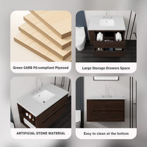English Elm 36 Inch Floating Bathroom Vanity with Undermount Sink Soft Close Drawer Marble Top Brown Carrara White B2775S00328