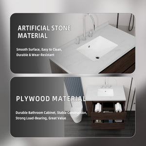 English Elm 36 Inch Floating Bathroom Vanity with Undermount Sink Soft Close Drawer Marble Top Brown Carrara White B2775S00328