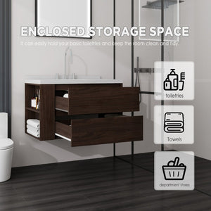 English Elm 36 Inch Floating Bathroom Vanity with Undermount Sink Soft Close Drawer Marble Top Brown Carrara White B2775S00328