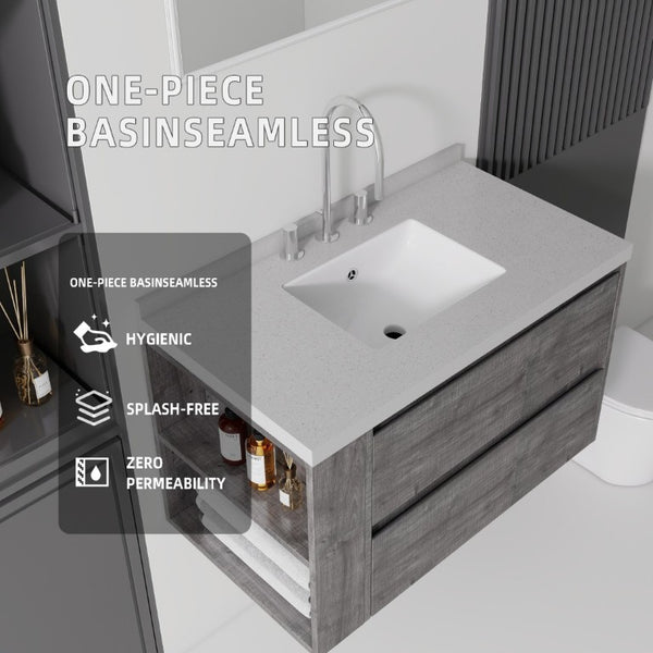 English Elm 36 Inch Floating Bathroom Vanity with Undermount Sink Soft Close Drawer Marble Top Grey Granite White B2775S00331