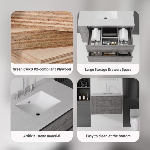 English Elm 36 Inch Floating Bathroom Vanity with Undermount Sink Soft Close Drawer Marble Top Grey Granite White B2775S00331
