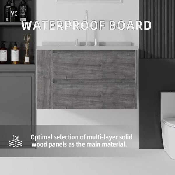 English Elm 36 Inch Floating Bathroom Vanity with Undermount Sink Soft Close Drawer Marble Top Grey Granite White B2775S00331