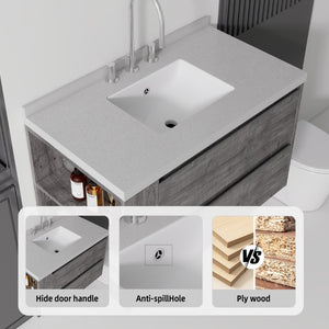 English Elm 36 Inch Floating Bathroom Vanity with Undermount Sink Soft Close Drawer Marble Top Grey Granite White B2775S00331