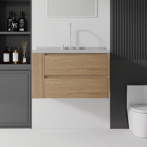 English Elm 36 Inch Floating Bathroom Vanity with Undermount Sink Soft Close Drawer Marble Top Oak Granite White B2775S00332