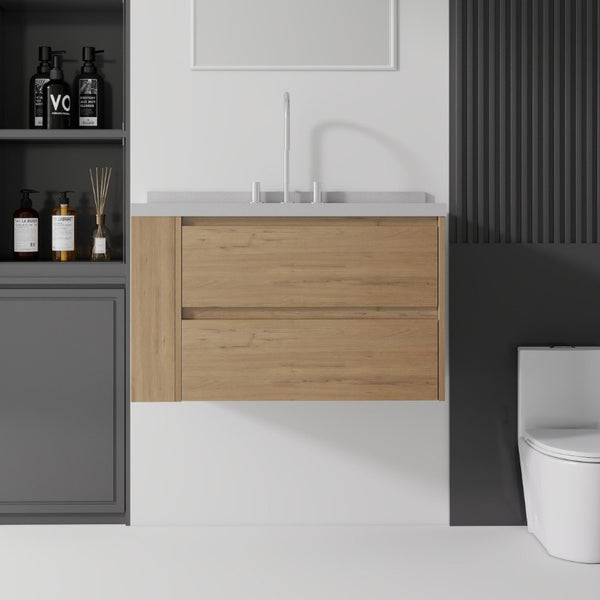 English Elm 36 Inch Floating Bathroom Vanity with Undermount Sink Soft Close Drawer Marble Top Oak Granite White B2775S00332