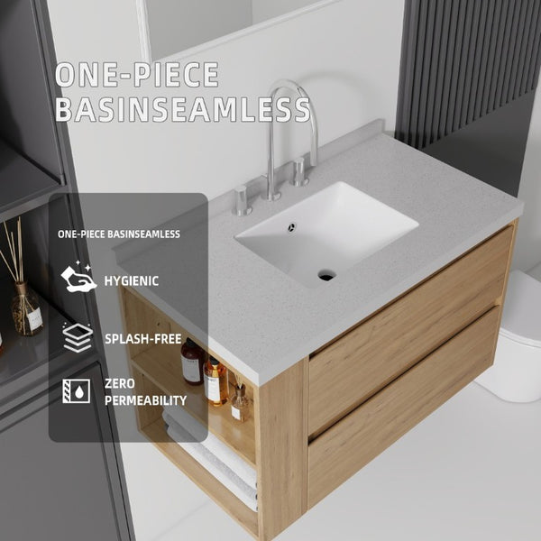 English Elm 36 Inch Floating Bathroom Vanity with Undermount Sink Soft Close Drawer Marble Top Oak Granite White B2775S00332