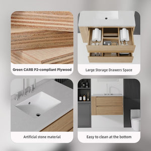 English Elm 36 Inch Floating Bathroom Vanity with Undermount Sink Soft Close Drawer Marble Top Oak Granite White B2775S00332
