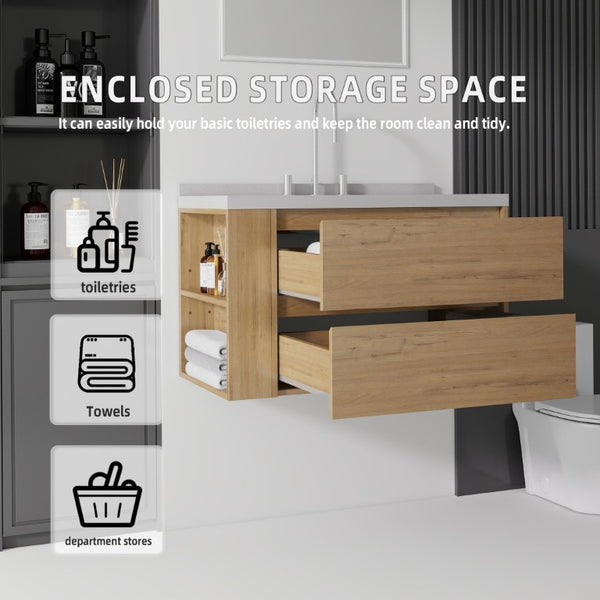 English Elm 36 Inch Floating Bathroom Vanity with Undermount Sink Soft Close Drawer Marble Top Oak Granite White B2775S00332