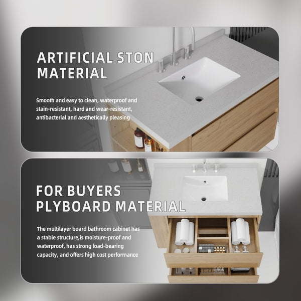 English Elm 36 Inch Floating Bathroom Vanity with Undermount Sink Soft Close Drawer Marble Top Oak Granite White B2775S00332